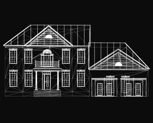 Poster - Blueprint of a house with clean architectural lines and detailed layout, displayed on a sleek black background. The outline highlights room divisions, windows, and structural elements.