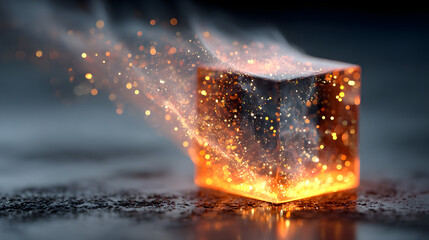 Poster - burning cube: a mesmerizing visual of a singular cube, radiating heat and energy. sparks and particl