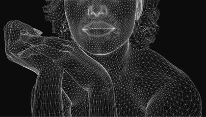 Poster - Wireframe portrait of a woman with hand on chin, rendered in black and white against a dark background. The digital illustration features clean lines and a futuristic aesthetic, highlighting facial.