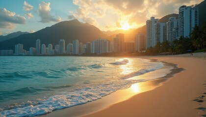 Aufkleber - Coastal city buildings at sunset over serene beach