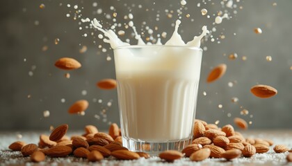Poster - Refreshing almond milk splash with almonds on tabletop
