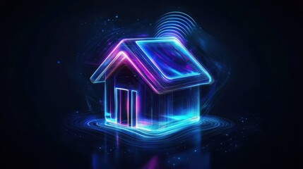 Poster - Futuristic glowing house with wireless signal in dark environment