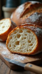 Poster - Slicing a rustic loaf of bread in a warm kitchen setting