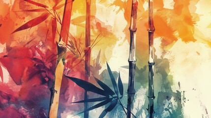 Poster - Serene bamboo stalks and leaves in tranquil garden setting