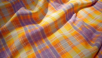 Poster - Textured orange, purple, and yellow plaid fabric close-up indoors