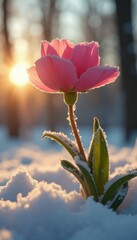 Poster - Frost-covered tulip flower at sunrise in snowy forest