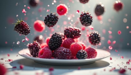 Poster - Raspberries and blackberries flying onto a plate indoors