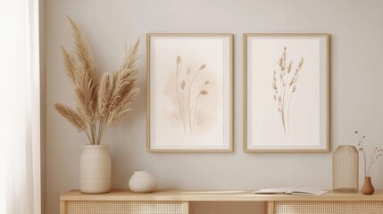 Aufkleber - Dried flowers and botanical illustrations in modern living room