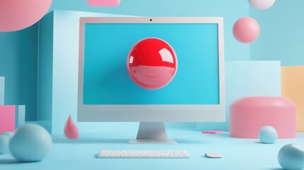 Aufkleber - Computer displaying red sphere with playful geometric shapes indoors