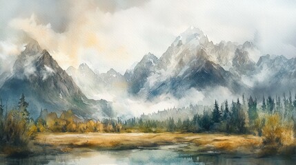 Poster - Majestic mountain range with calm lake and coniferous trees