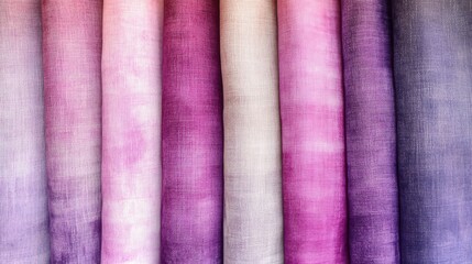 Poster - Vertical arrangement of purple and pink fabric rolls indoors