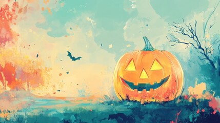 Poster - Illuminated Jack-o'-lantern with Bat in Autumn Field at Sunset