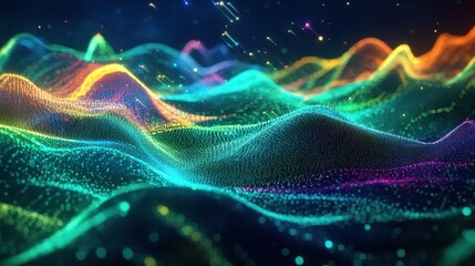 Poster - Abstract multicolored light particles forming wavy landscape