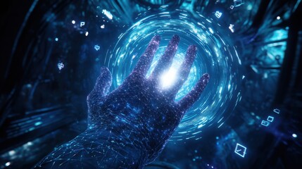 Aufkleber - Hand reaching into swirling light in abstract digital space