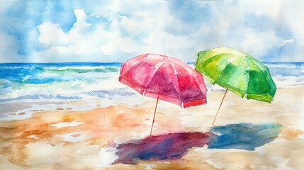 Poster - Two colorful umbrellas on serene beach sand during daytime