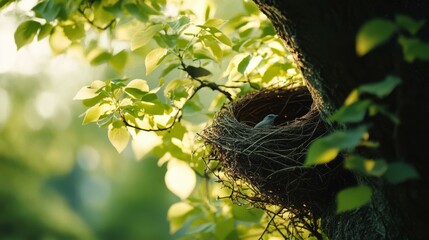 Poster - Bird resting in nest on tree branch in forest during daytime