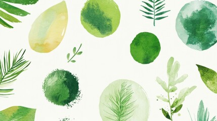 Fototapete - Watercolor paint splatters and various leaves on white background