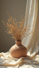 Poster - Dried flower bouquet in light peach ceramic vase by window