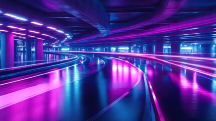 Poster - Vibrant light trails in underground parking garage at night