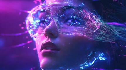 Poster - Young woman with glasses surrounded by glowing lights at night