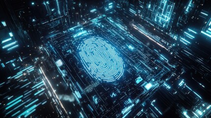 Poster - Glowing digital fingerprint on circuit board in futuristic setting