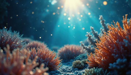 Poster - Vibrant underwater coral reef with ocean plants in daylight