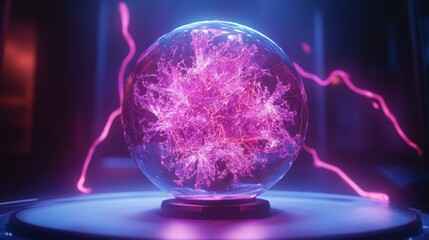 Poster - Glowing pink energy sphere in dark futuristic room