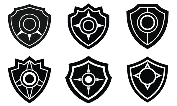 Shield silhouette vector shape eps. Black Shield Emblems with Circular Star Icons – Vector Security Badge Logo Set	