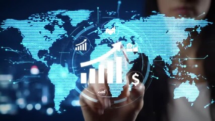 Poster - Businesswoman Touching Holographic World Map with Economic Growth Indicators on Transparent Display in Dark Background
