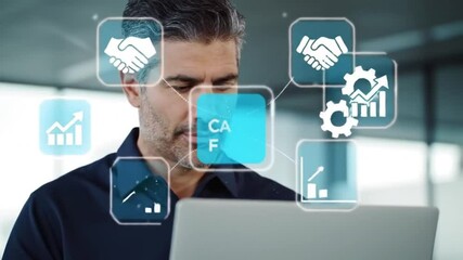 Poster - Focused Man Uses Laptop with Translucent Business Graphics in Soft Light Against a Blurred Office Environment