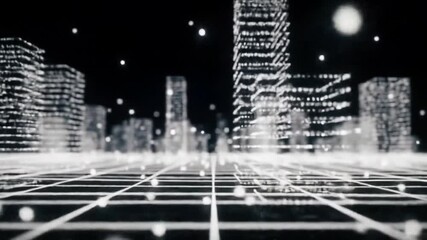 Poster - Futuristic Abstract Cityscape with Glowing Grid and Monochrome Theme for High Tech Visualizations