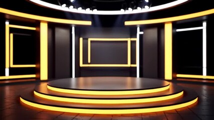 Poster - Modern Studio Set with Black Walls Golden Accents Tiered Stage and Beam Lighting in a Geometric Interior Design