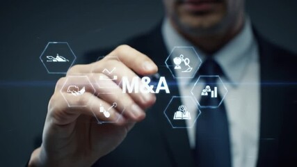 Aufkleber - Person Touching M&A Icons on a Glass Screen Wearing a Business Suit and Tie with a Blurred Background