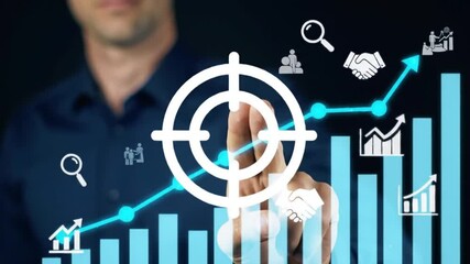 Poster - Person Using Virtual Interface Displaying Target and Rising Graph in Dark Blue Shirt on Dark Background for Adobe Stock