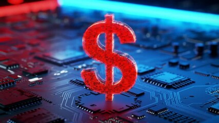 Poster - Red Dollar Currency Symbol on Modern Computer Circuit Board with Blue and Red Neon Lights Close Up