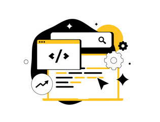 Poster - Technical SEO optimization supports crawlability and structured data, while technical SEO optimization also improves metadata, code, indexing and overall web site health modern vector illustration