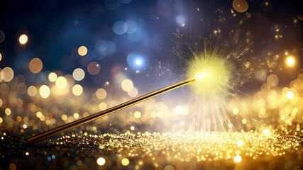 Wall Mural - magical wand with golden sparkles creating a bright burst against a bokeh background.