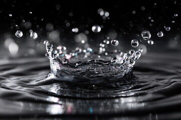 Poster - Water droplets create ripples and splashes in a dark setting with high detail
