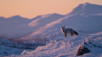 Poster - A snowy fox surveys its surroundings from a ridge as dusk casts soft colors over the mountains.