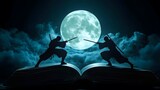 Dynamic Ninja Warriors Silhouettes in Combat on Open Book Background