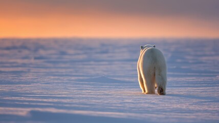 Poster - A polar bear strolls across snowy terrain with a stunning sunset in the background.