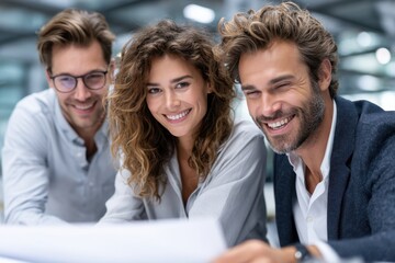 Poster - Three colleagues collaborating on a project in a modern office