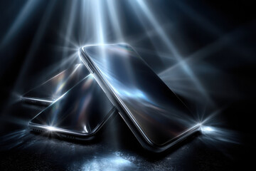 Poster - Modern smartphones illuminated by bright beams of light against a dark background