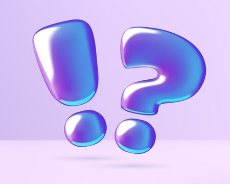 Question mark and exclamation point purple holographic 3d icon. Realistic metallic punctuation symbols vector illustration.
