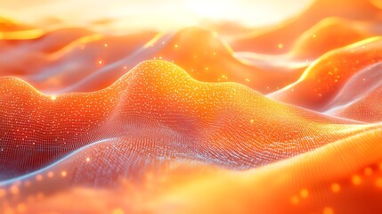 Orange gradient abstract background with digital dots and waves landscape