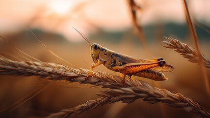 Poster - A grasshopper rests on a wheat stalk while the sun sets, creating a warm glow over the field.