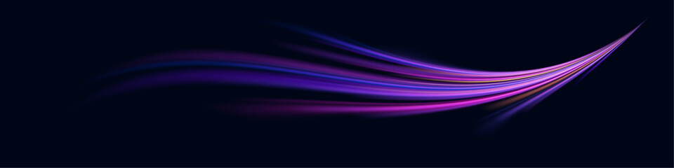 Poster - Panoramic high-speed technology concept with abstract light trails and glowing neon colors in blue, yellow, and orange, representing the rapid motion and energy in a futuristic environment.
