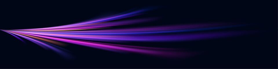 Poster - Panoramic high-speed technology concept with abstract light trails and glowing neon colors in blue, yellow, and orange, representing the rapid motion and energy in a futuristic environment.