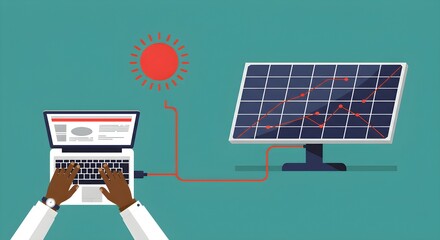 Poster - Black man hands typing on a laptop computer connected to a solar panel with a graph and sun icon. Renewable energy concept for green technology.