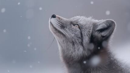 Aufkleber - A curious arctic fox observes the falling snowflakes in a tranquil, snowy environment.
